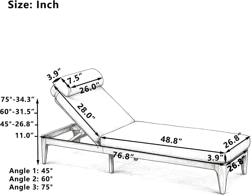 Acacia Wood Chaise Lounge Chair with Adjustable Backrest & Head Pillow, Outdoor Patio Sunbathing Lounger Backyard