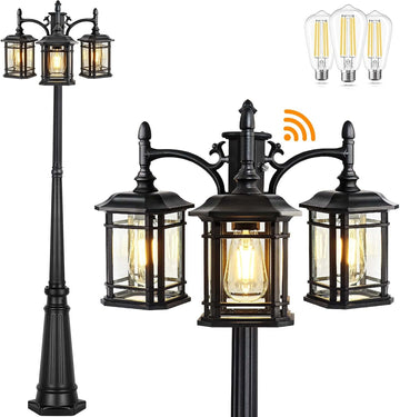 Dusk to Dawn Outdoor Lamp Post Lights, Black Light Pole with Clear Glass Panels (3 LED Bulbs Included)