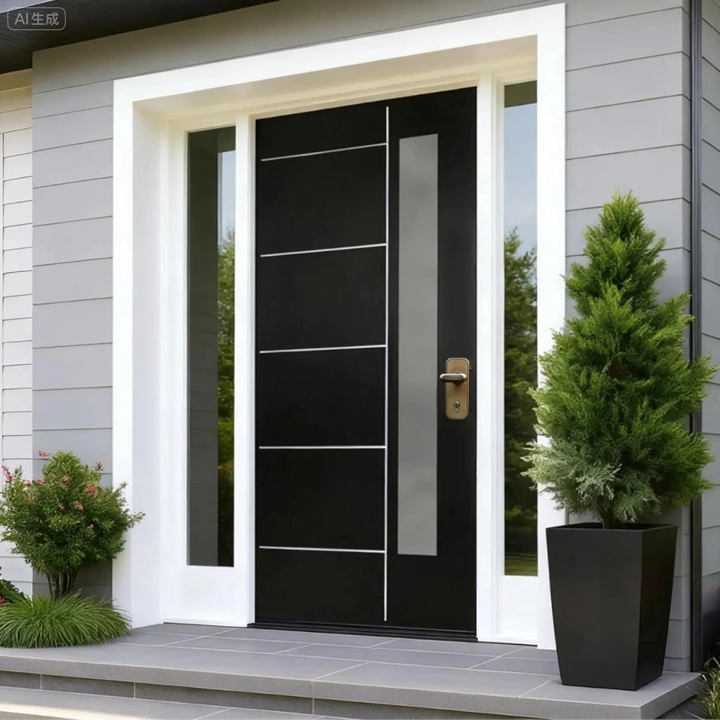 36'' x 80" Fiberglass Entry Door with 4-9/16" Width White Frame, Black Exterior Door with Frosted Glass, Modern Front