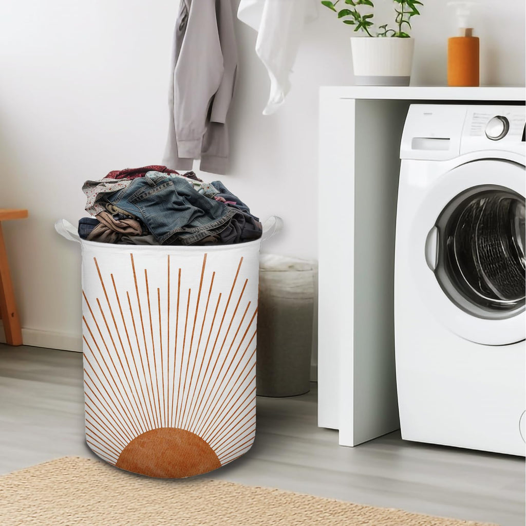 Boho Laundry Basket, Mid Century Modern Boho Terracotta Sun Sunshine Waterproof Collapsible Laundry Hamper Dirty
