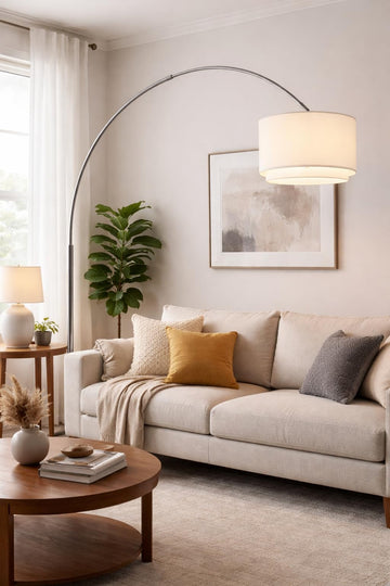 Modern Arcing Floor Lamp - Tall Stand Up Arching Drum Shade - Large Contemporary Floor Lamp s and Bedrooms - Corner
