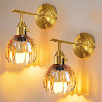 Vintage Gold Wall Sconces Set of 2 with Cute Amber Tulip Glass Lampshade, Hardwired and Wireless Wall Mounted Light