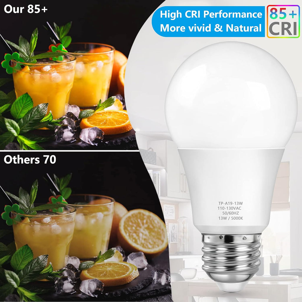 A19 LED Light Bulbs, 100 Watt Equivalent LED Bulbs, Daylight White 5000K, 1500LM, E26 Base, Non-Dimmable, 13W Bright (4-Pack)