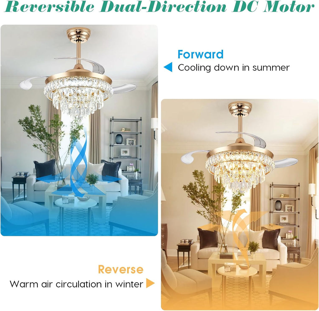 36" Crystal Ceiling Fan with Light, Retractable Blades Fandelier