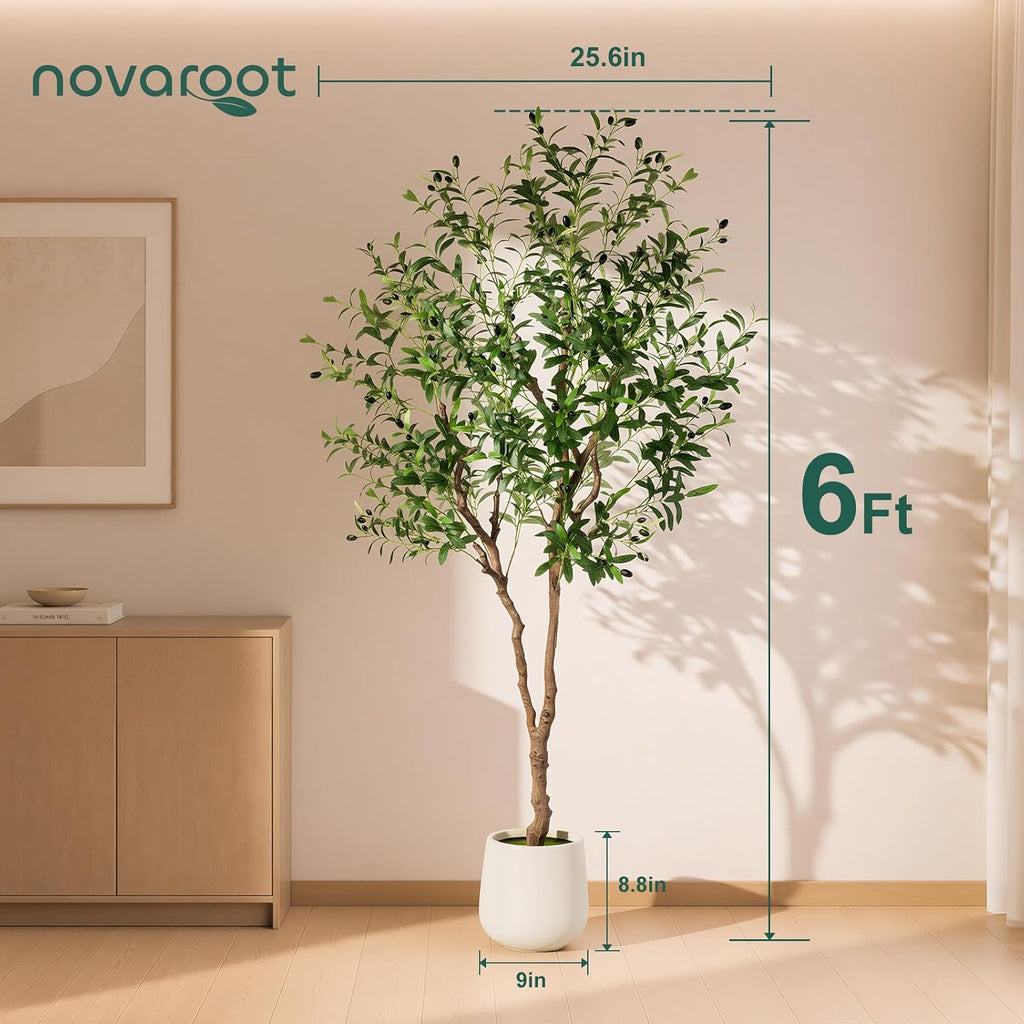 6FT Faux Olive Tree with Decorative Planter, Olive Trees Artificial Indoor with Textured Trunk, Silk Leaves and Olive
