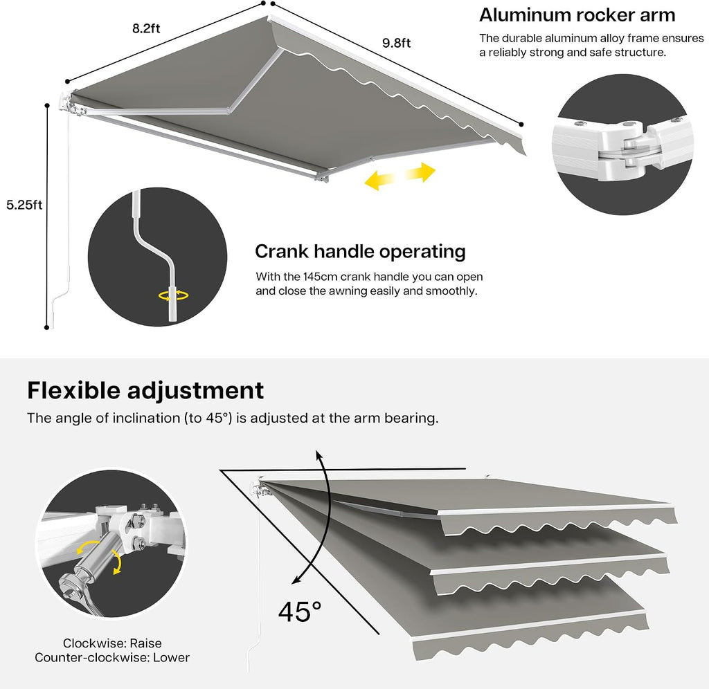 Retractable Patio Awning 9.8'×8.2', Grey | Fully Assembled Retractable Balcony Awning, 280G Polyester, Aluminum