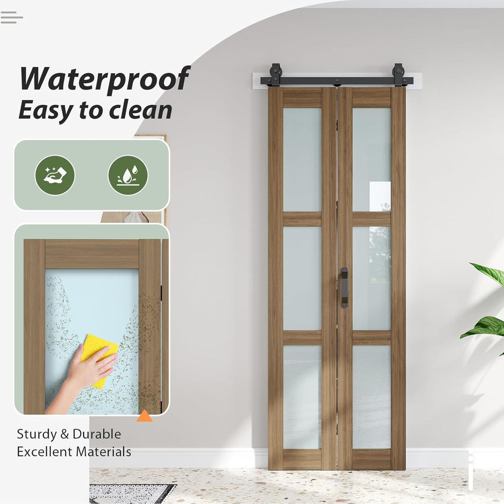 Bifold Barn Doors 30X84 (Double 15x84) with Frosted Glass and Hardware Kit Included, Brown,for Bedro