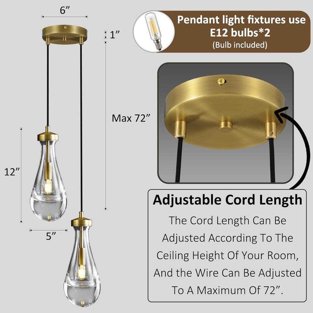 Raindrop Pendant Lights Kitchen Island Teardrop Gold Hanging Light Fixtures Clear Solid Glass Pendant Light Modern Chandeliers for Dining Room Porch Corridor Living Room (2-Light)