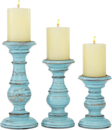 79 Mango Wood Decorative Candle Holder Distressed Turned Pillar Candle Stand, Set of 3 Candlestick Holder 6", 8"