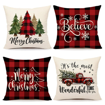 Buffalo Check Christmas Pillow Covers 20x20 Set of 4 Red Black Farmhouse Christmas Decorations Winter Holiday Decor