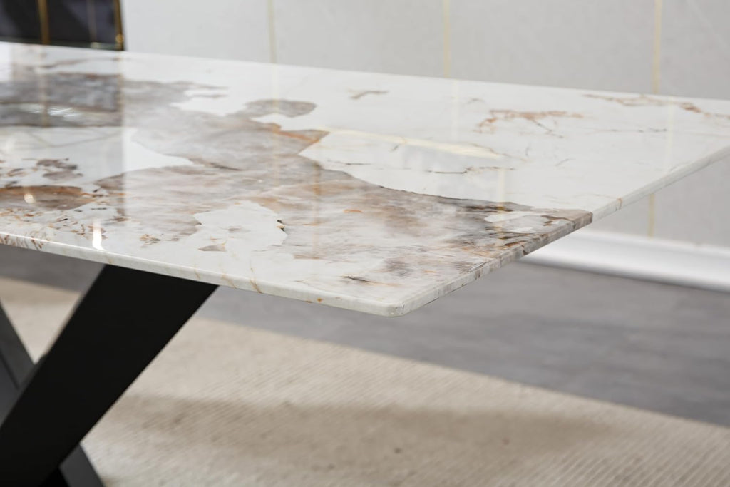 Modern Marble Dining Table, 70" White Kitchen Dining Room Table for 4 6 8 with 0.4" Thick Faux Marble Tabletop and Black Carbon Steel Pedestal,Luxurious Rectangle Large Dinner Table for Dining Room