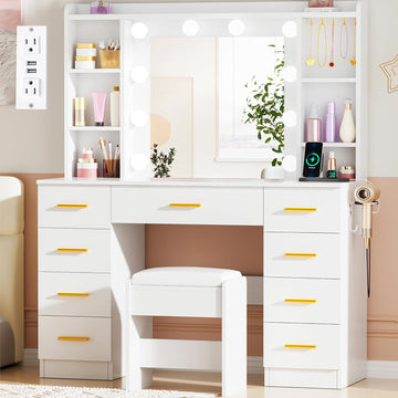 9-Drawer Makeup Vanity Desk with Lighted Mirror Hair Dryer Holder | White Vanity Dressing Table with Cushioned Stool