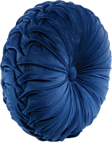 Round Pleated Soft Velvet Decorative Throw Pillow, 1 Count, 15" Diameter, Navy - Blue Plush Round Pillow, Seat