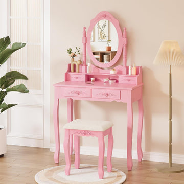 Vanity Desk Set with Mirror & Stool for Girls, Pink | Makeup Vanity Table and Cushioned Stool Set with 4 Drawers