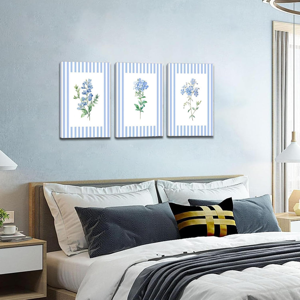 Rustic Blue and White Striped Canvas Floral Wall Art Prints Set of 3, Retro Cottagecore Botanical Flower Posters
