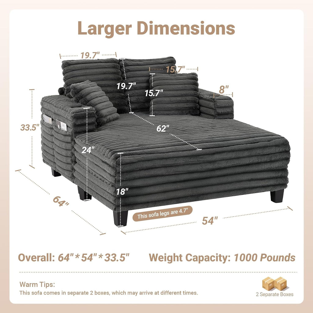 64" Oversized Chaise Lounge Chair with Wood Frame, 2 Cup Holders | 4 Storage Pockets, Plush Corduroy Fabric