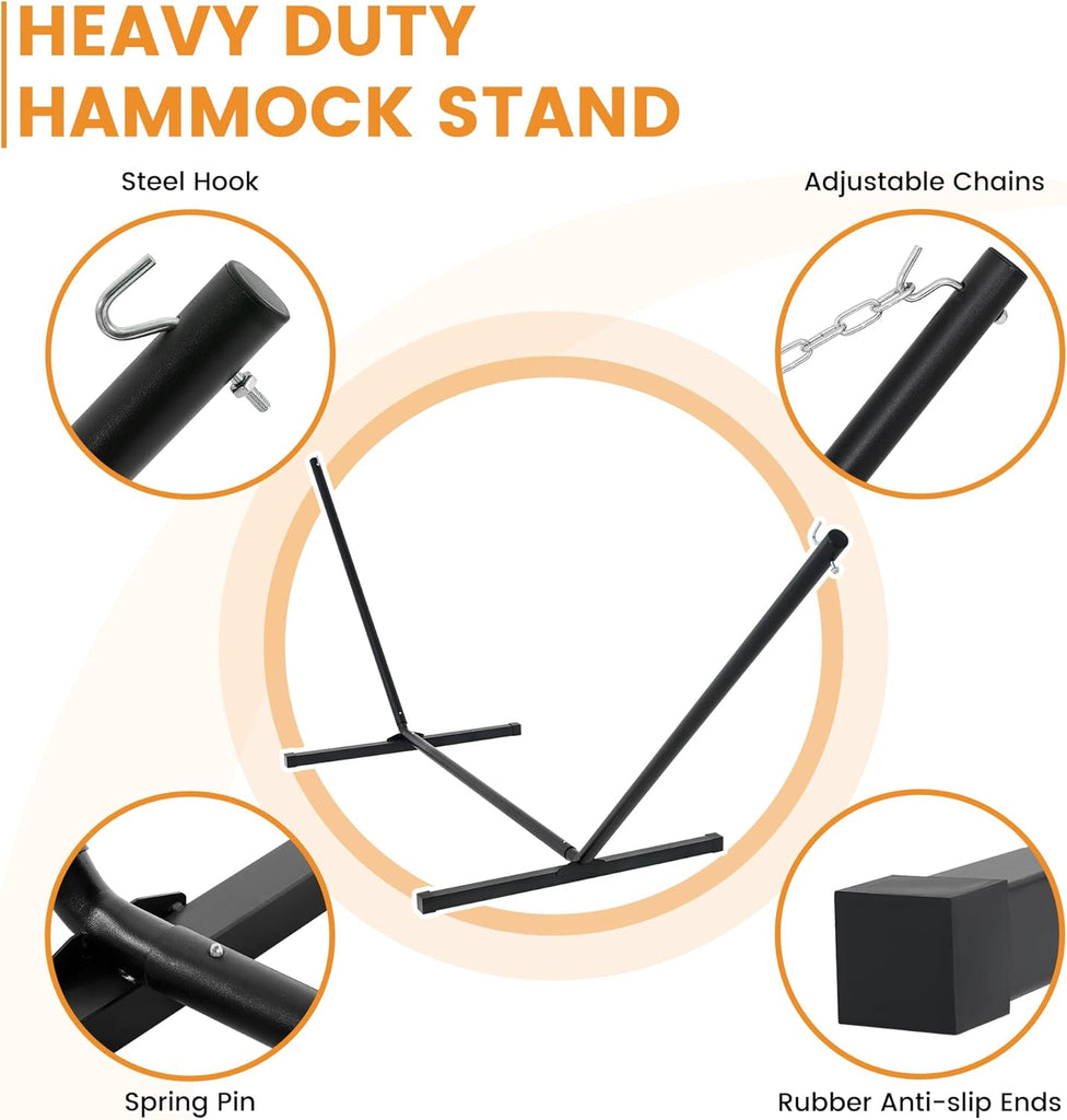 2 Person Hammock with 12FT Stand for Outside, Quilted Double Hammock with Detachable Pillow, Balance Strap & Carrying
