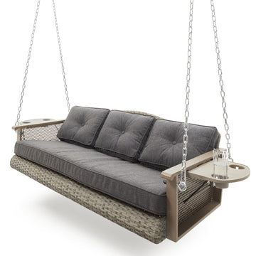 3-Seat Wicker Hanging Porch Swing with Cup Holders and Cushions