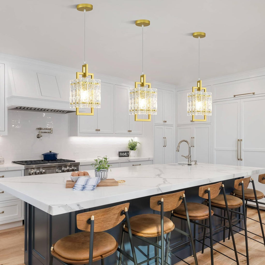 Gold Pendant Light Fixture - Modern Kitchen Island Water Ripple Glass Square Light - Adjustable Hanging Lighting for Kitchen Dining Room Over Island - 1 Pack