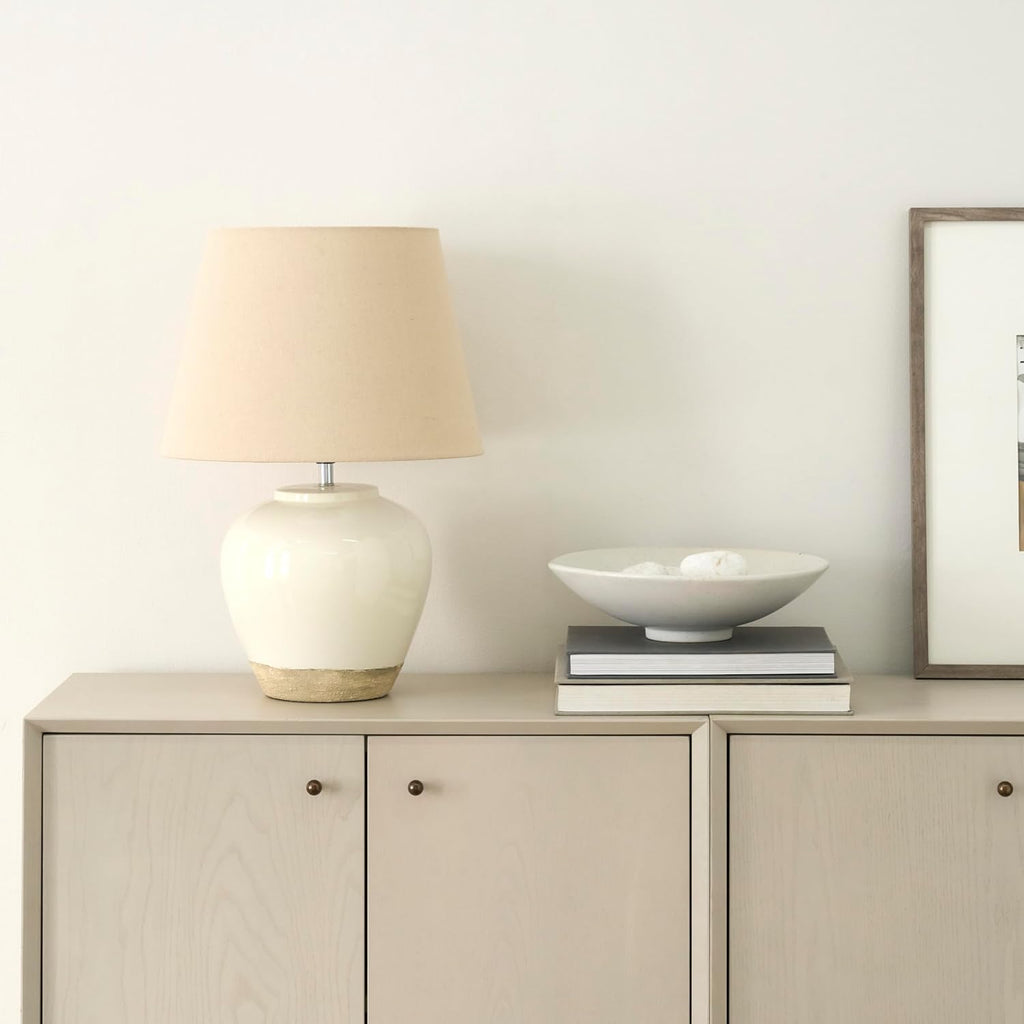 Home 20" Two-Tone White and Tan Glossy Ceramic Table Lamp, Bedside Nightstand Lamp with Warm Beige Shade