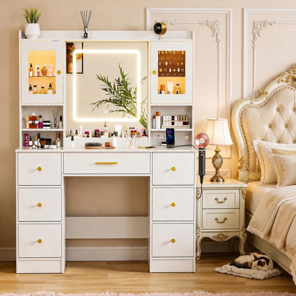White Makeup Vanity Desk with Mirror and LED Lights,Large Make Up Vanity Table with Lighted Mirror 7 Drawers,Modern