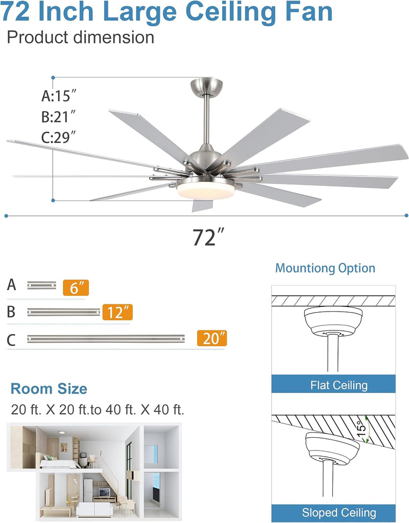 72 Inch Ceiling Fans with Lights,Large Modern Ceiling fan with Remote and 9 Wooden Blades,Dimmable,6 Speeds