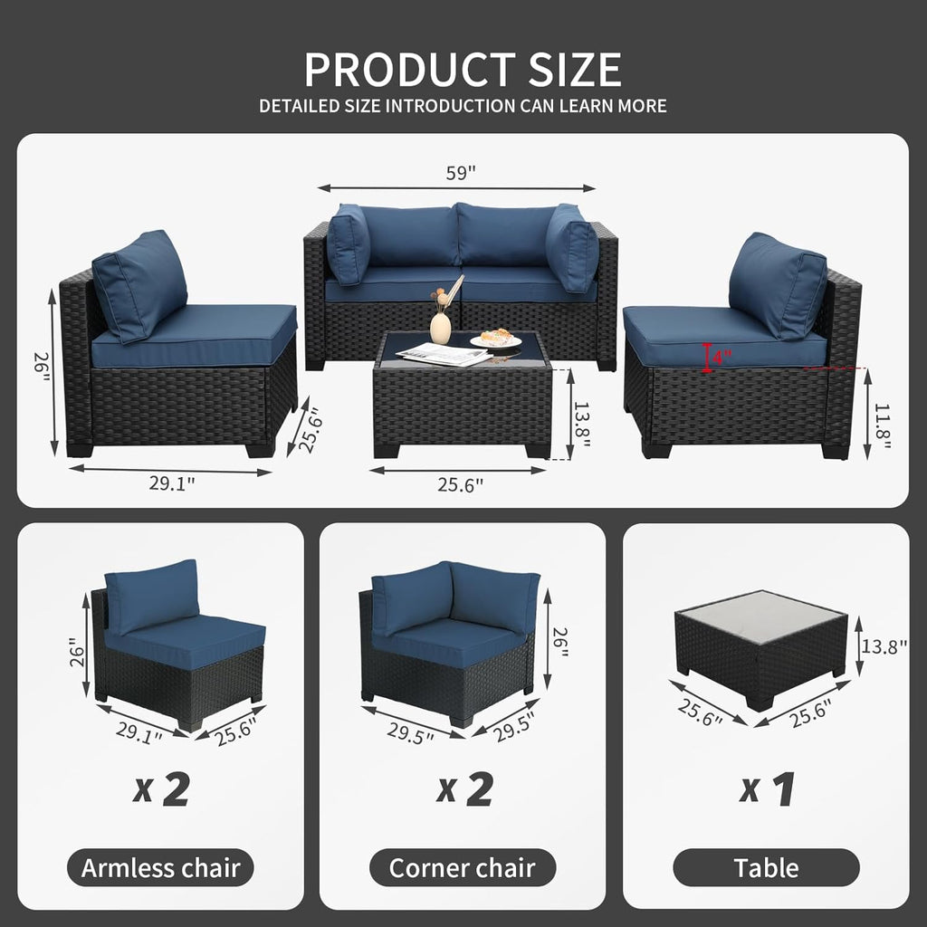 Outdoor 5 Piece Patio Furniture Set, Black Rattan Conversation Couch Resin Wicker Sectional Sofa Outside Chair with