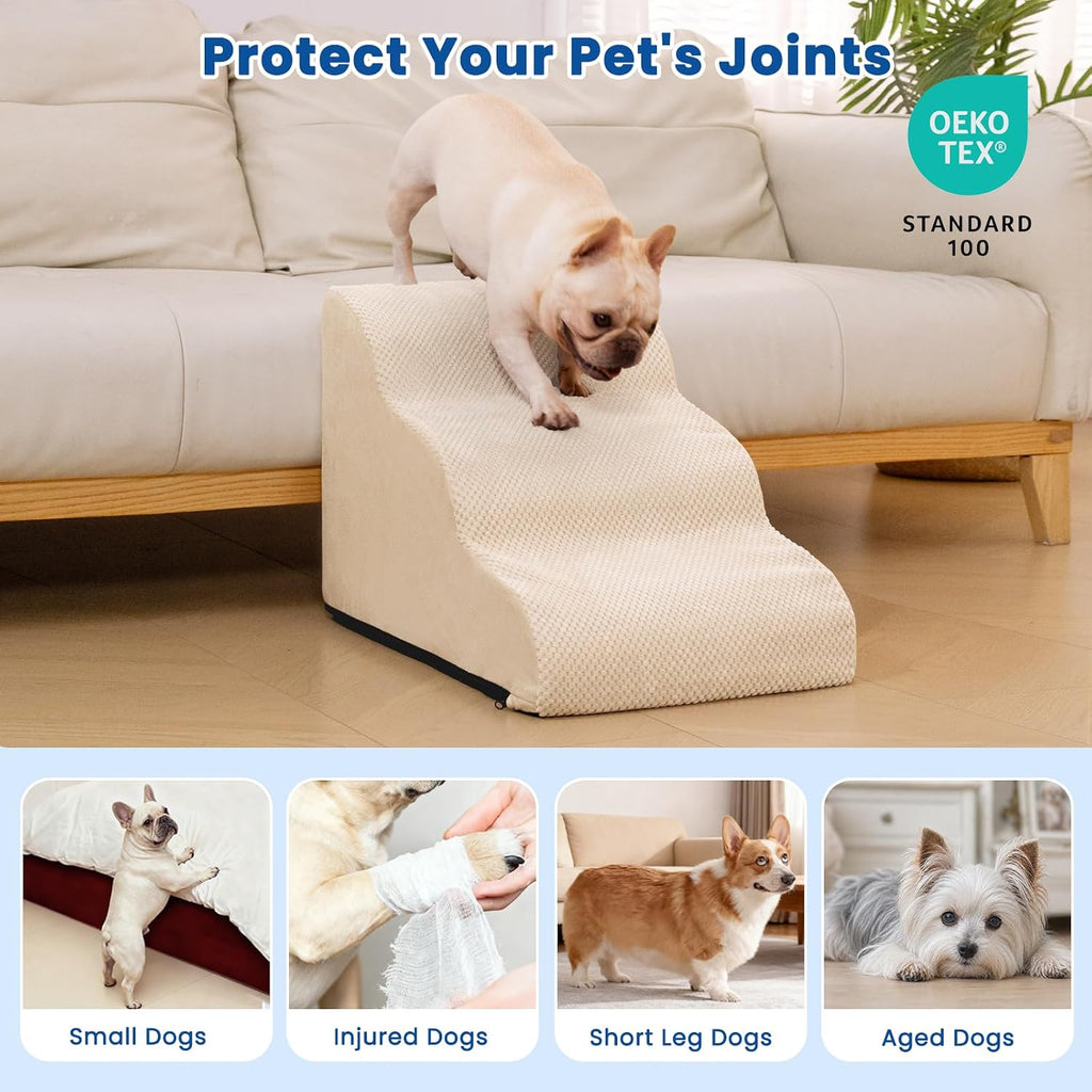 Dog Stairs for Small Dogs and Cats - 3 Step Pet Ramp for Couch & Sofa, Non-Slip Dog Steps for Pets, Washable Cover