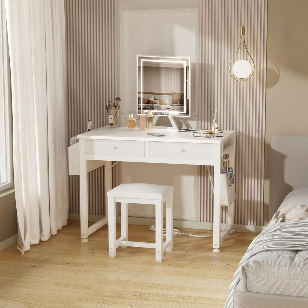 Small Makeup Vanity Desk with Fabric Drawers, 32 inch White Vanity Desks with Mirror and Light, Dressing Table and