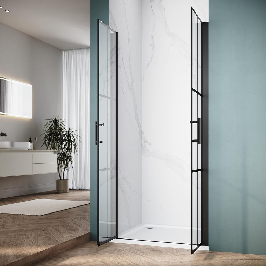 Double Pivot Shower Door 36" W x 75" H, Black Grid Shower Glass Door, 1/4" Tempered Glass, Semi-Frameless Shower Door