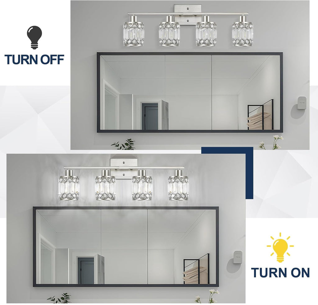 Crystal Modern Bathroom Light Fixtures, 4-Light Brushed Nickel Bathroom Vanity Wall Light, Vanity Lights for Mirror