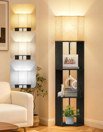 Floor Lamp with Shelves, Modern Tripod Standing Shelf Lamp with 3 Color Temperature Bulb