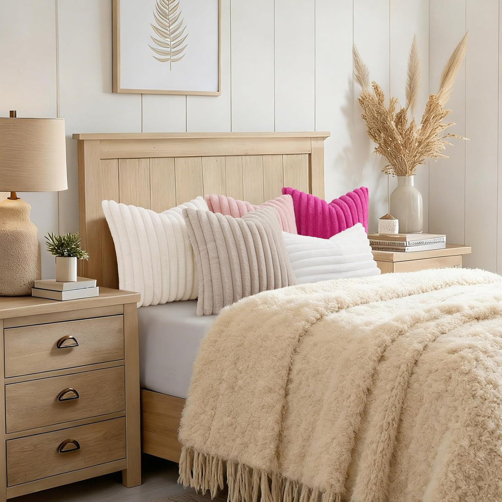 Summer Cozy Faux Fur Throw Pillow Covers 12x20 Set of 2 Decorative Soft Plush Striped Lumbar Modern Farmhouse Boho