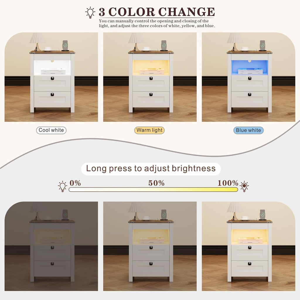 LED Nightstand Set of 2 with Gun Drawer: Bedside Table with Charging Station Furniture - Farmhouse Night Stand with 3