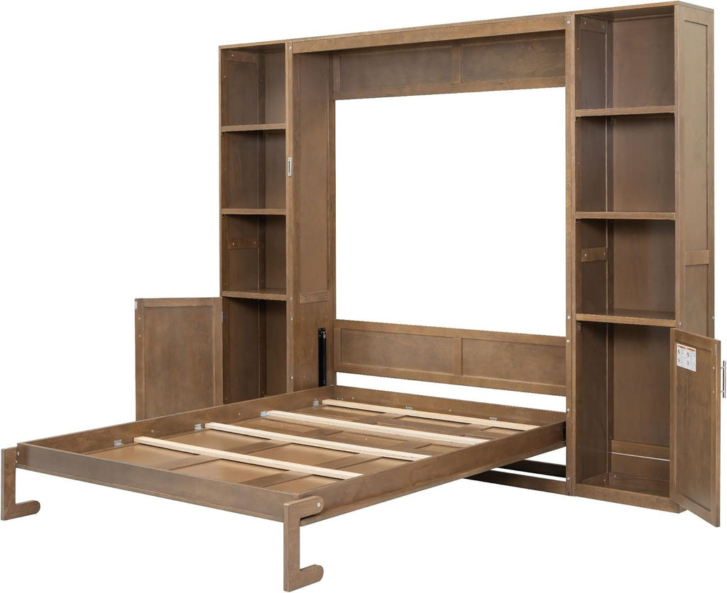 Queen Murphy Bed with Storage, Solid Wood Foldable Wall Platform Bed Frame with Storage Shelves and Cabinets for
