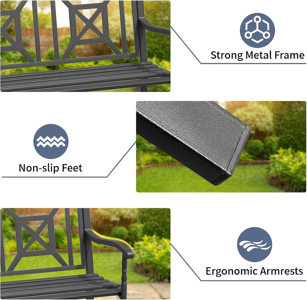 50'' Outdoor Bench, Garden Bench, Outdoor Metal Frame Patio Park Bench with Backrest and Armrests,for Porch