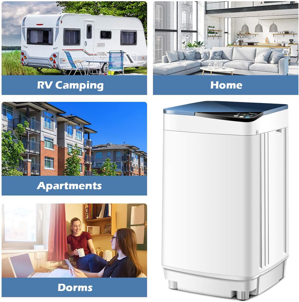 Full-Automatic Washing Machine Portable Washer and Spin Dryer 7.7 lbs Capacity Compact Laundry Washer with Built-in Barrel Light Drain Pump and Long Hose for Apartments Camping (White & Blue)
