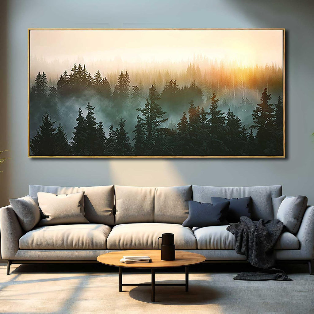 Large Foggy Forest Canvas Wall Art Landscape Mountain Painting Framed Wall Art Living Room Kitchen Office