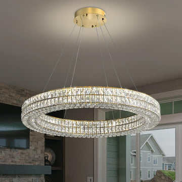 24" Gold Ring Crystal Chandelier, Modern Dimmable Chandeliers Lighting and Hanging Adjustable, LED Round Ceiling Light Fixtures for Dining Room Living Room
