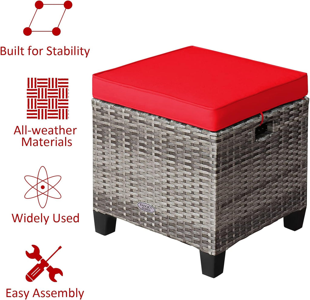 Patio Ottoman Set of 2, Outdoor Rattan Wicker Ottoman Seat with Removable Cushions, Patio Furniture Footstool