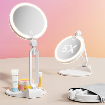 Travel Makeup Mirror with Lights 2026 New, 1X/5X Magnification Double Sided Lighted Mirror, 3 Color