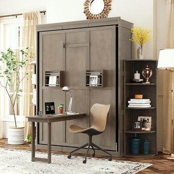 360° Swivel Queen Horizontal Murphy Bed with Desk Combo and Storage Bookshelf, Foldable Murphy Chest Hidden Wall Bed