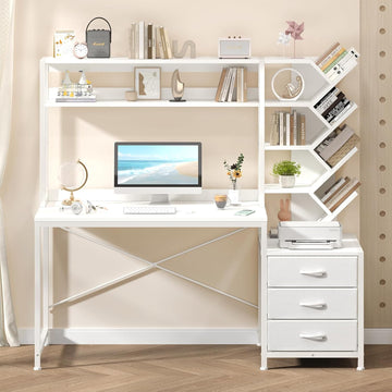 Reversible Computer Desk with Hutch, Home Office Desk with Drawers and Bookshelf