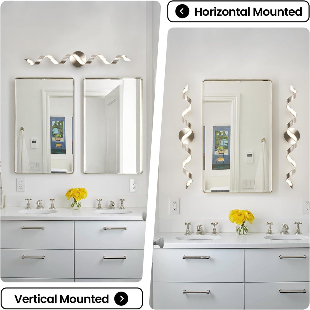 LED Modern Bathroom Vanity Light Fixtures, 31 inch Brushed Nickel Wall Lamp Bedroom 4000K, Spiral Design Wall Sconce