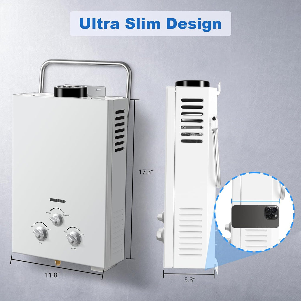 Outdoor Propane Tankless Water Heater - 6L 1.58 GPM Portable Gas Water Heater with Handle & Overheating Protection