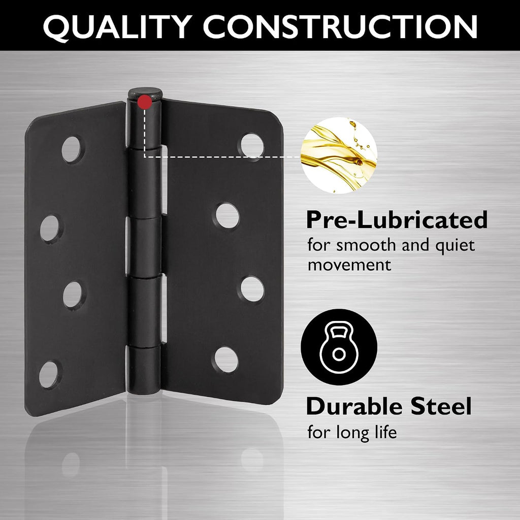 Interior Door Hinges, 4.0 in. x 4.0 in., Rounded, 1/4-in. Radius, Steel, Pre-Lubricated, Door Hardware, Matte Black