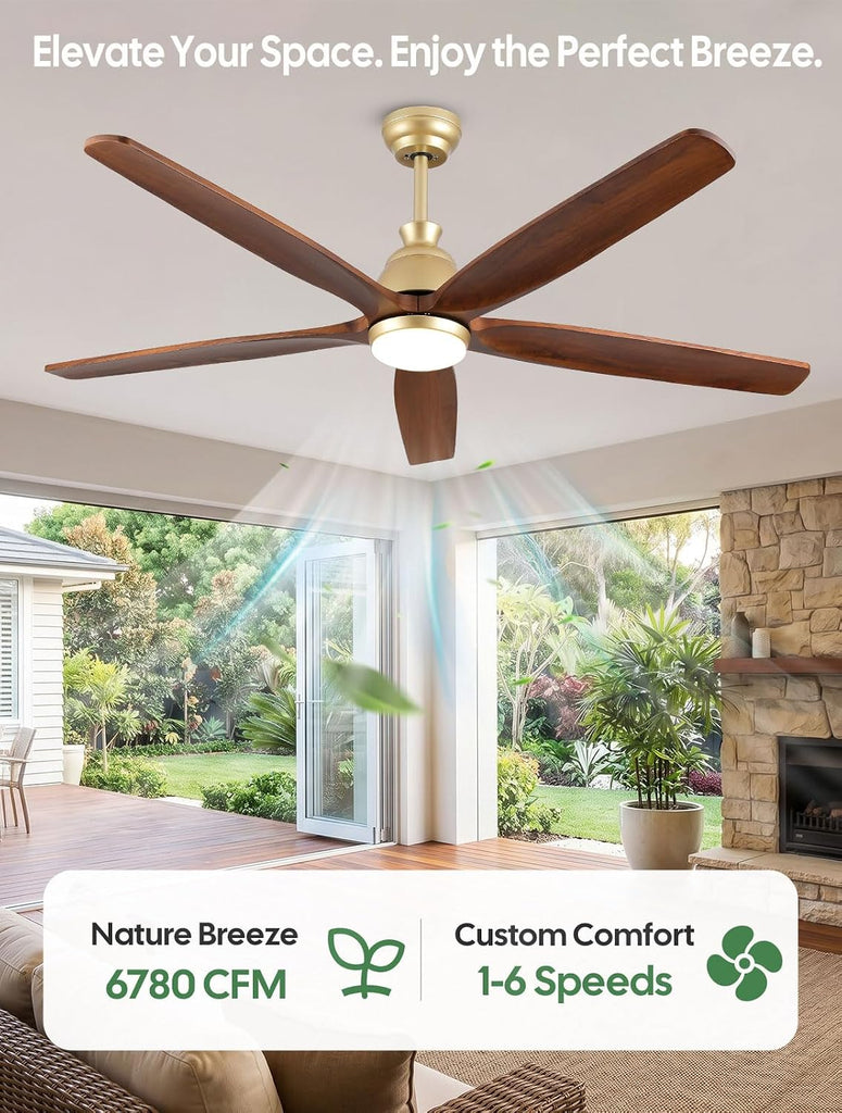 72 Inch Ceiling Fan with Light, Gold Brass Finish, 5 Solid Walnut Wood Blades, Remote, Quiet DC Motor for High Ceilings