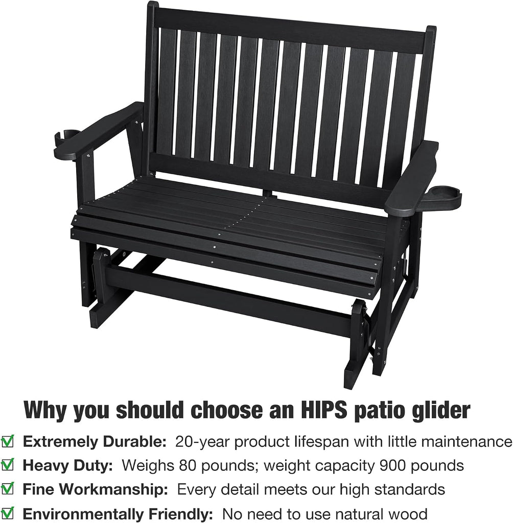 Patio Glider Two-Seat with Cup Holders, Durable HIPS Material, All-Weather Resistant, High Backrest and Deep