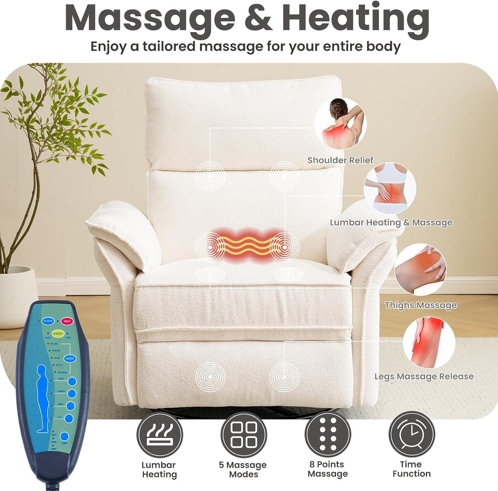 Oversized Rocking Chair Nursery with Massage and Heat, Glider Recliner Nursery Chair with Adjustable Headrest, Power