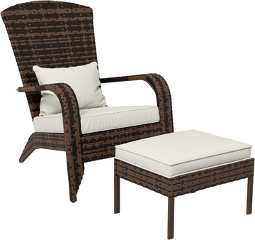 Patio Wicker Adirondack Chair with Ottoman High-Back Cream White | Outdoor Fire Pit Chair, Cushions, Large Seat &